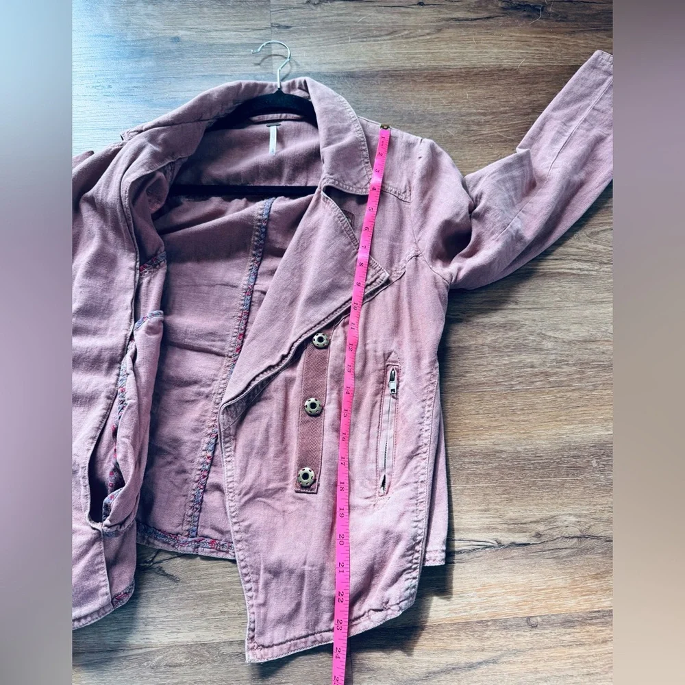 Free People Washed Pink Asymmetrical Moto Linen Utility Jacket Size Small
